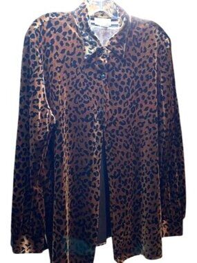 Aparenza Leopard Print Velvet Button-Up Shirt Large Brown Black Retro Style